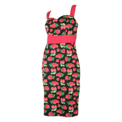 PRE-ORDER Thelma Strawberry Print 50's Pin Up Wiggle Dress in Black