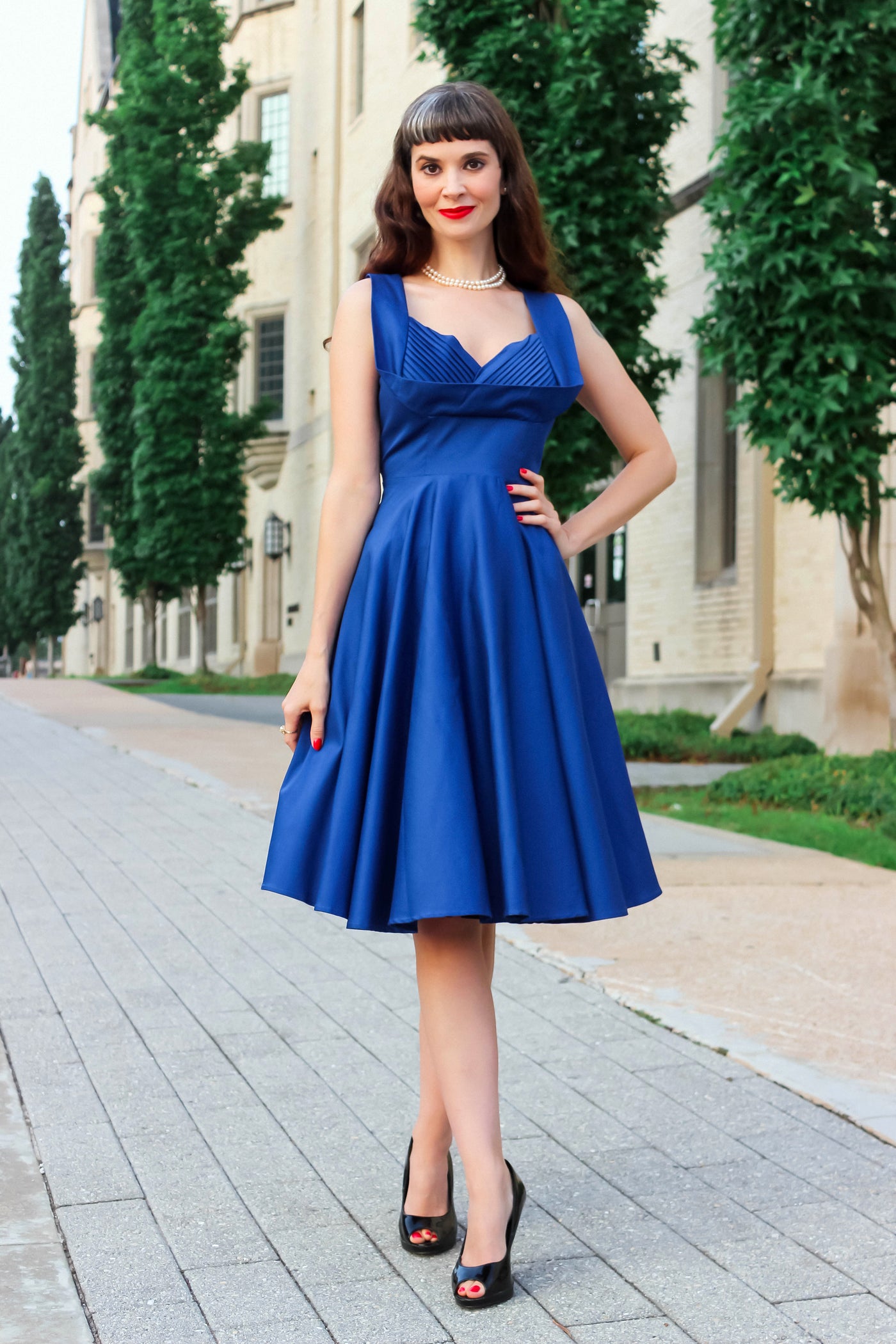 PRE-ORDER Grace Pleated 50's Style Swing Dress in All Blue