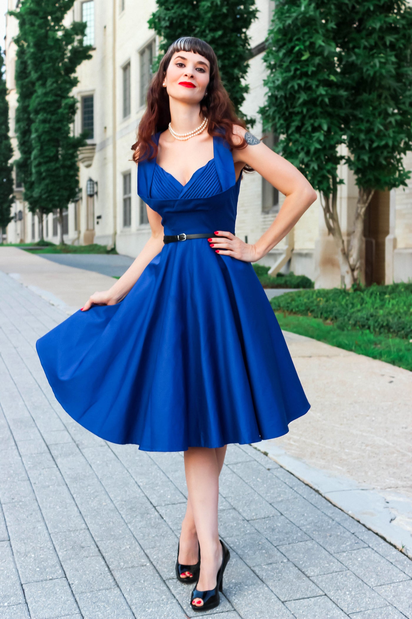 PRE-ORDER Grace Pleated 50's Style Swing Dress in All Blue