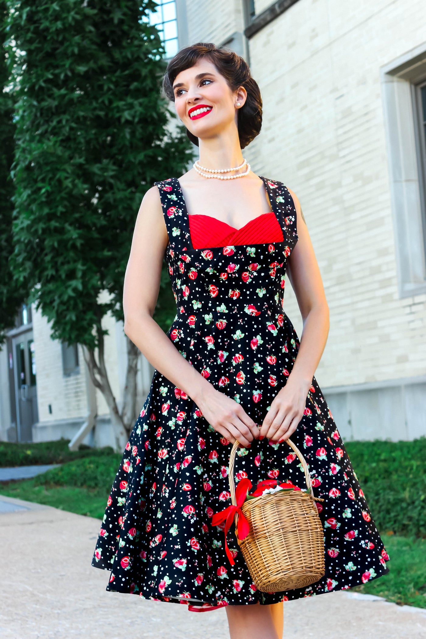 PRE-ORDER Grace Pleated 50's Style Swing Dress in in Black Strawberry & Polka Print