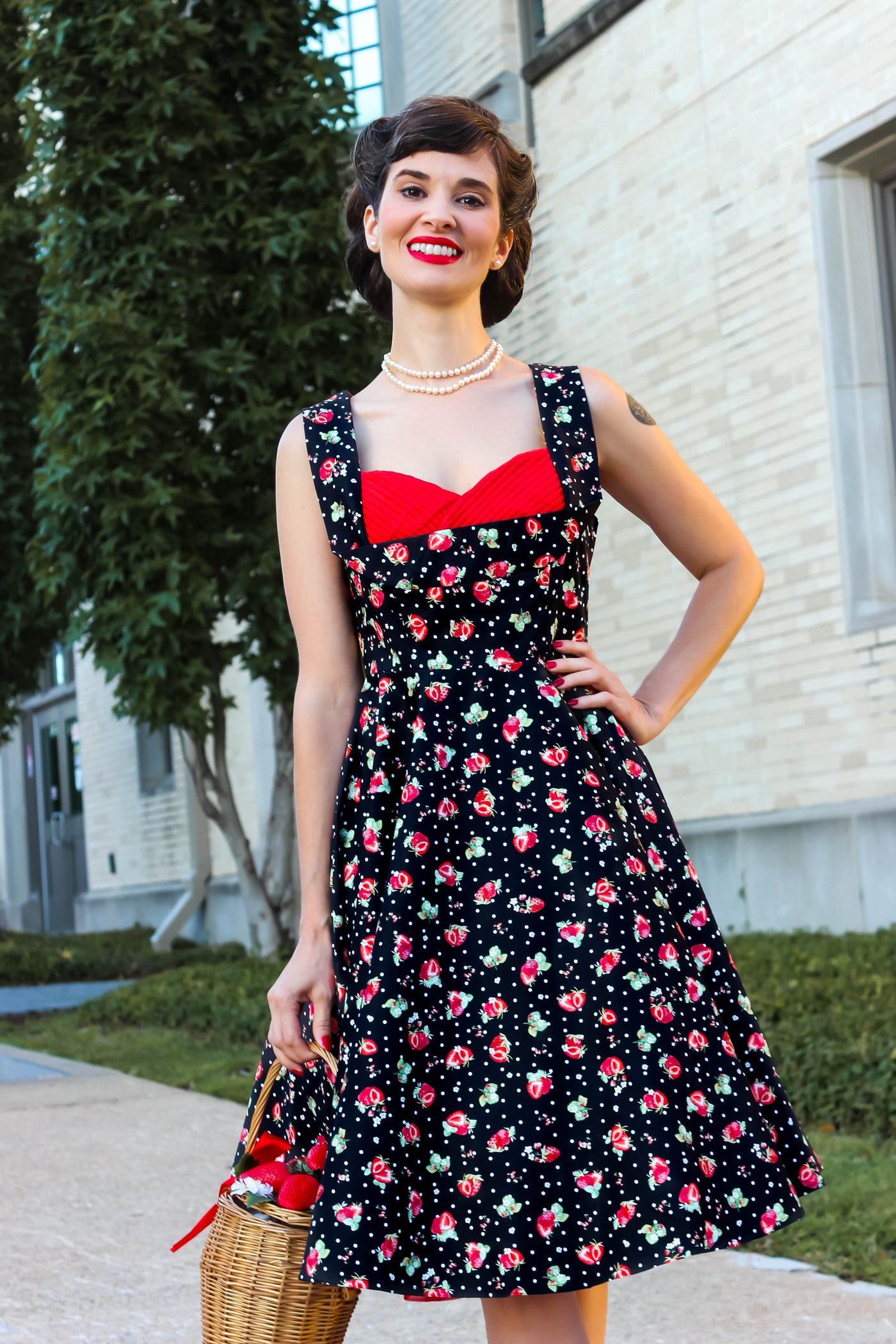 PRE-ORDER Grace Pleated 50's Style Swing Dress in in Black Strawberry & Polka Print