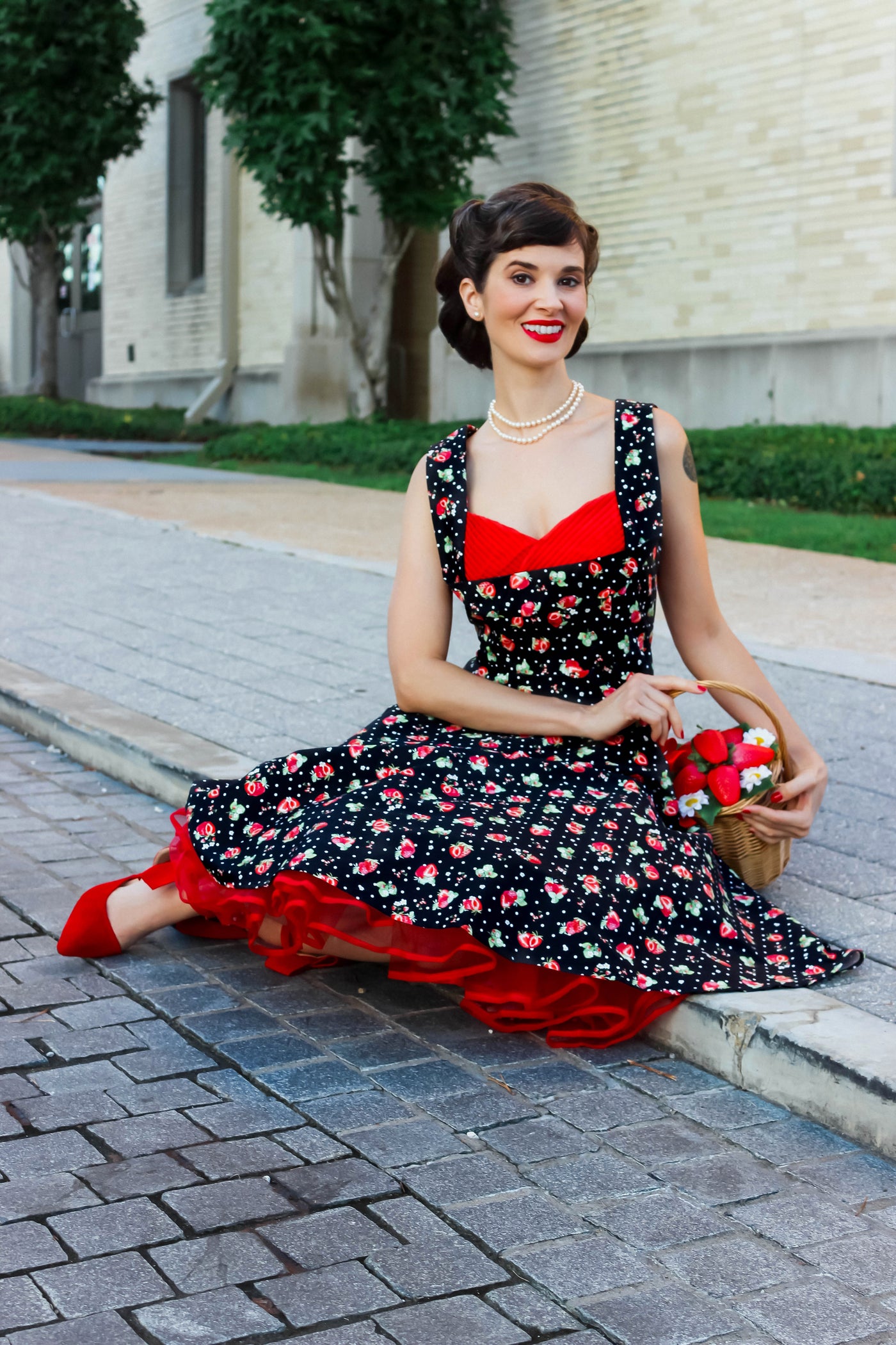 PRE-ORDER Grace Pleated 50's Style Swing Dress in in Black Strawberry & Polka Print