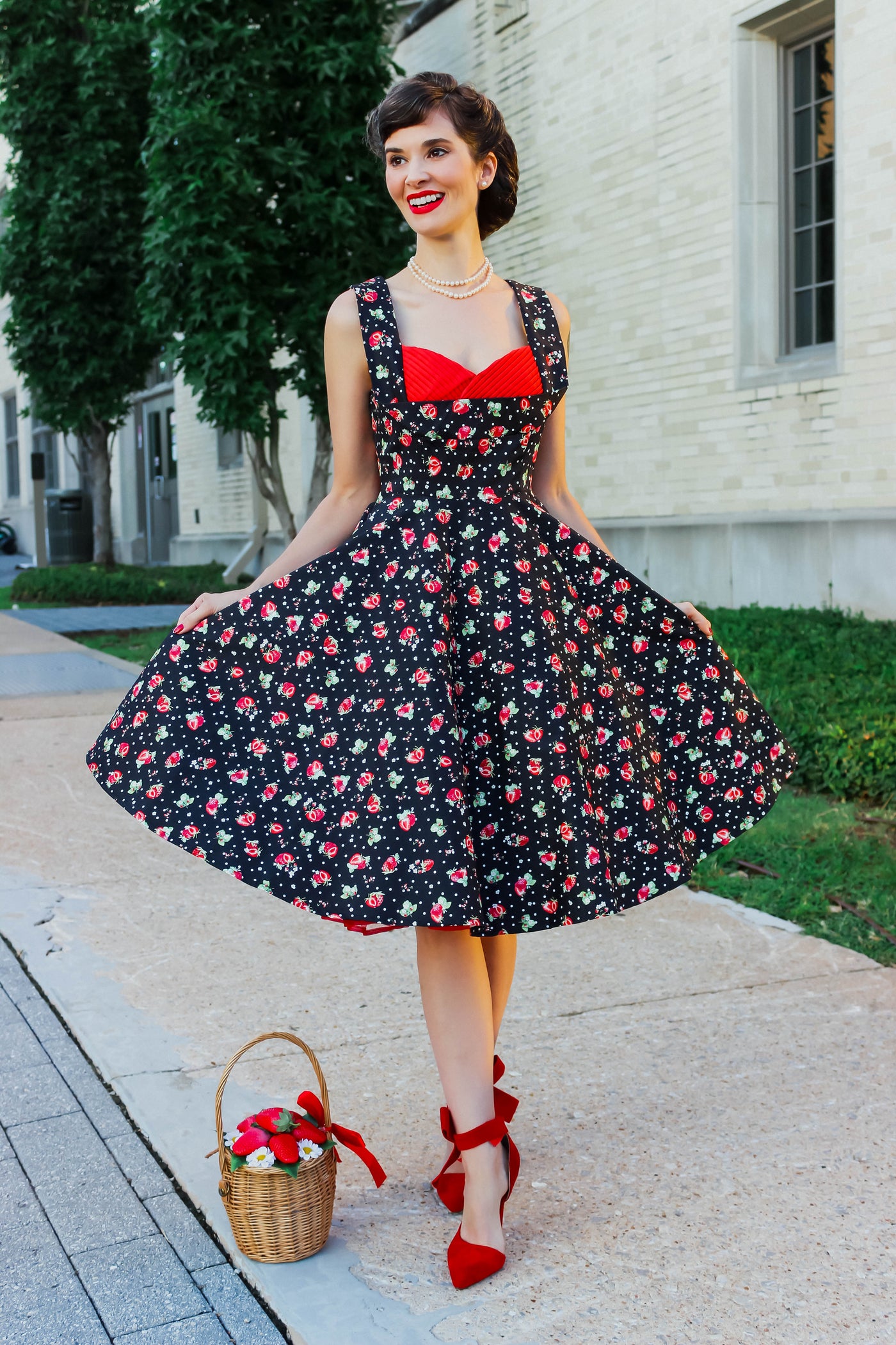 PRE-ORDER Grace Pleated 50's Style Swing Dress in in Black Strawberry & Polka Print