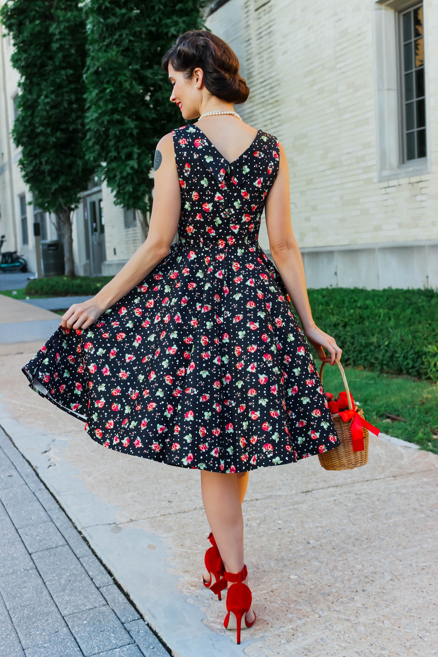 PRE-ORDER Grace Pleated 50's Style Swing Dress in in Black Strawberry & Polka Print