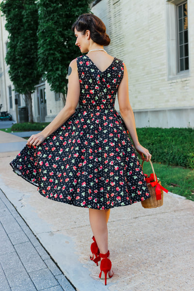 PRE-ORDER Grace Pleated 50's Style Swing Dress in in Black Strawberry & Polka Print