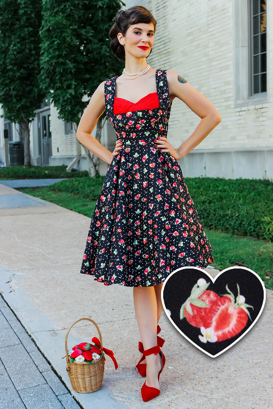 PRE-ORDER Grace Pleated 50's Style Swing Dress in in Black Strawberry & Polka Print