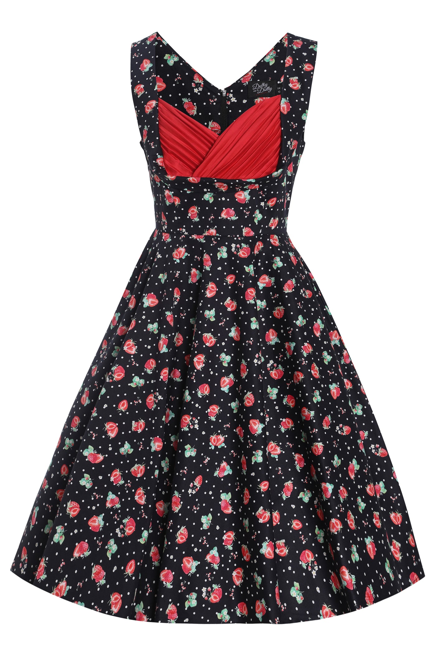 PRE-ORDER Grace Pleated 50's Style Swing Dress in in Black Strawberry & Polka Print