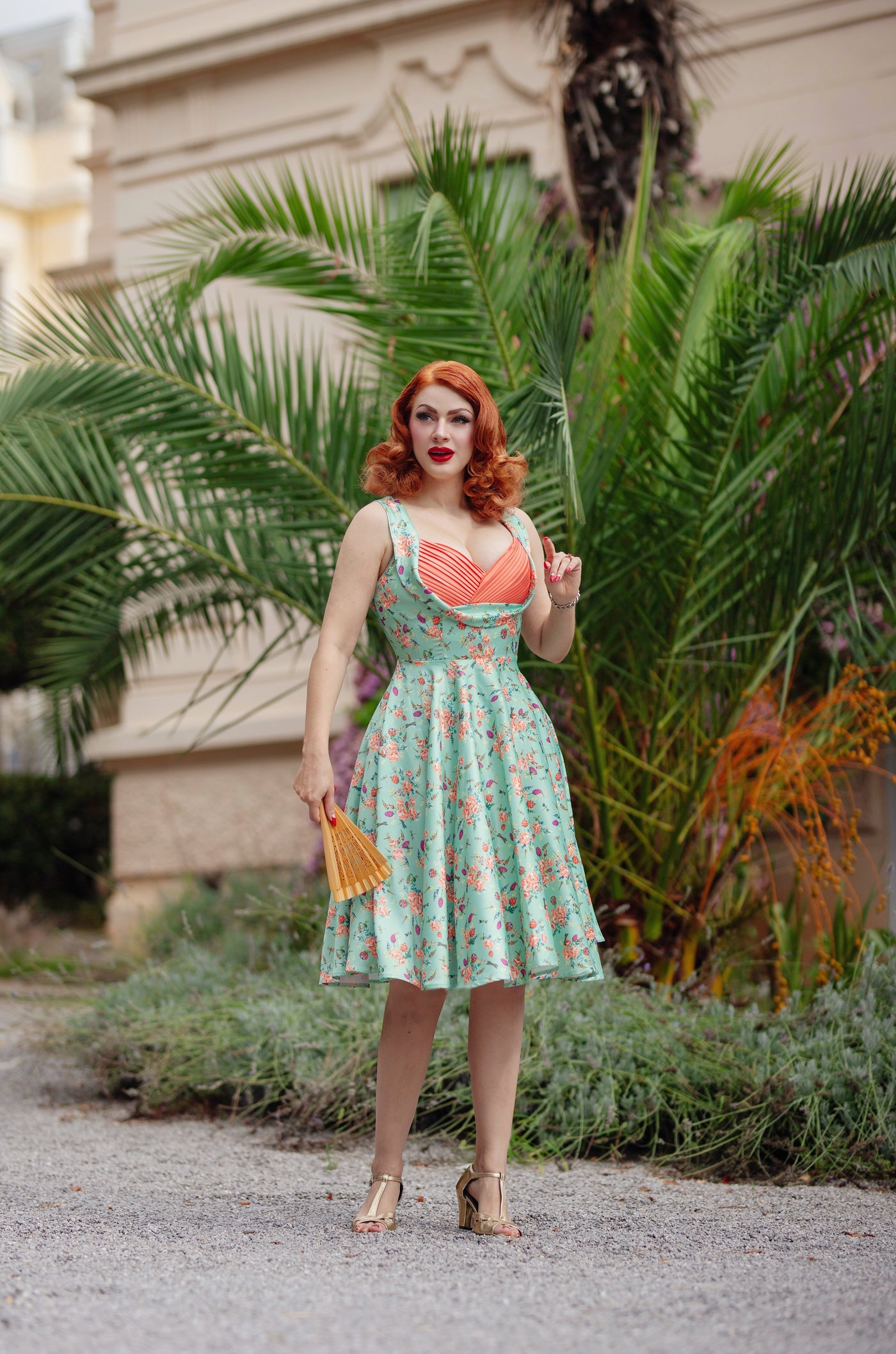 EU STOCK Grace Vintage Style Jive Dress In Light Green Dragonfly Print