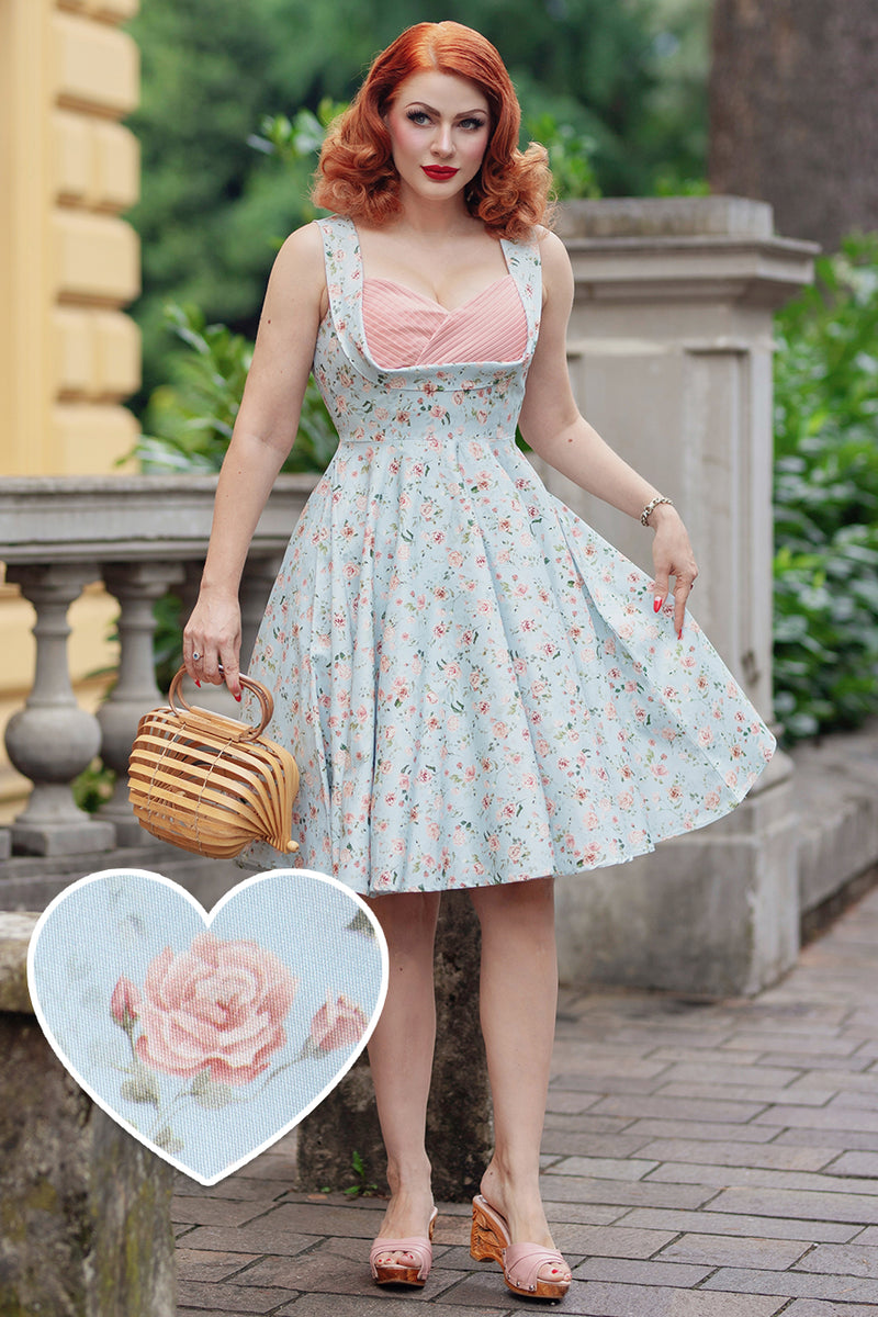 PRE ORDER Grace Pleated Bust Dress in Baby Blue/Pink Floral Print