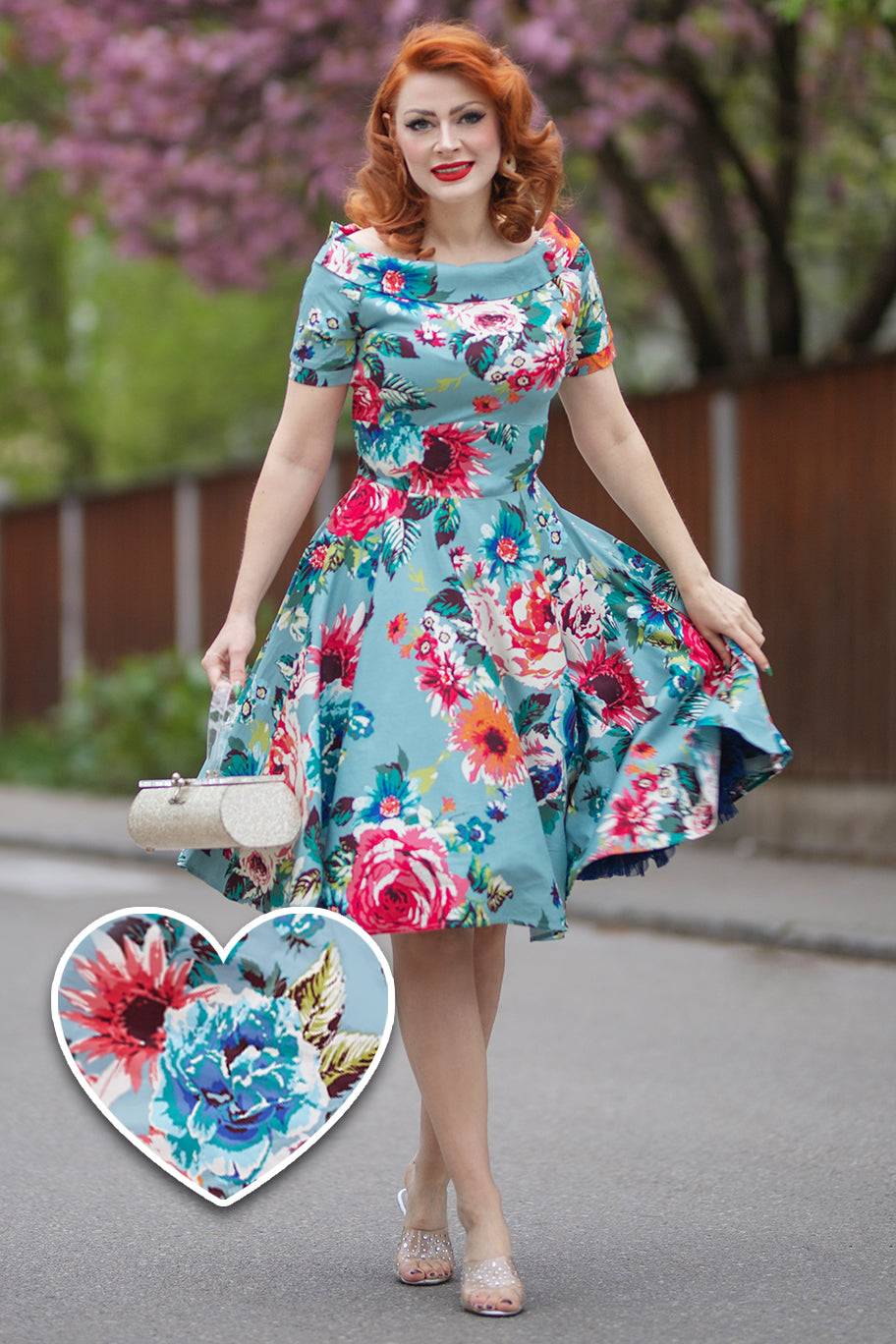 PRE ORDER Darlene Retro Swing Dress In Blue Floral