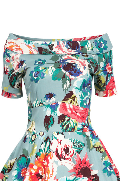 PRE ORDER Darlene Retro Swing Dress In Blue Floral