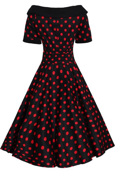 PRE-ORDER Darlene Retro Circle Swing Dress in Black & Red Polka Dots