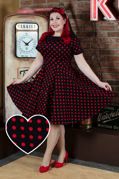 PRE-ORDER Darlene Retro Circle Swing Dress in Black & Red Polka Dots