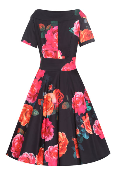 PRE ORDER Darlene Black Vintage-Inspired Orange/Red Rose Print Dress