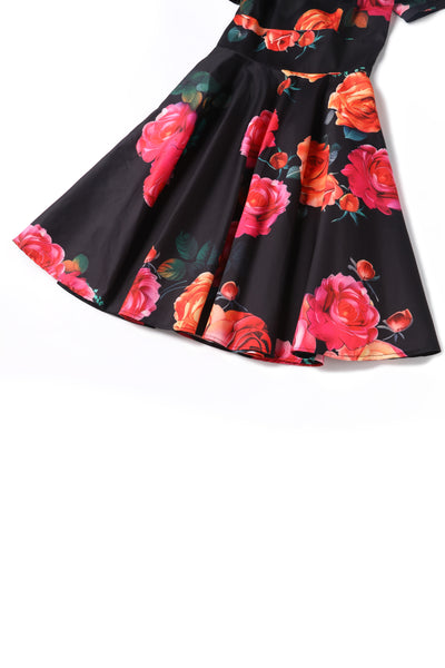 PRE ORDER Darlene Black Vintage-Inspired Orange/Red Rose Print Dress