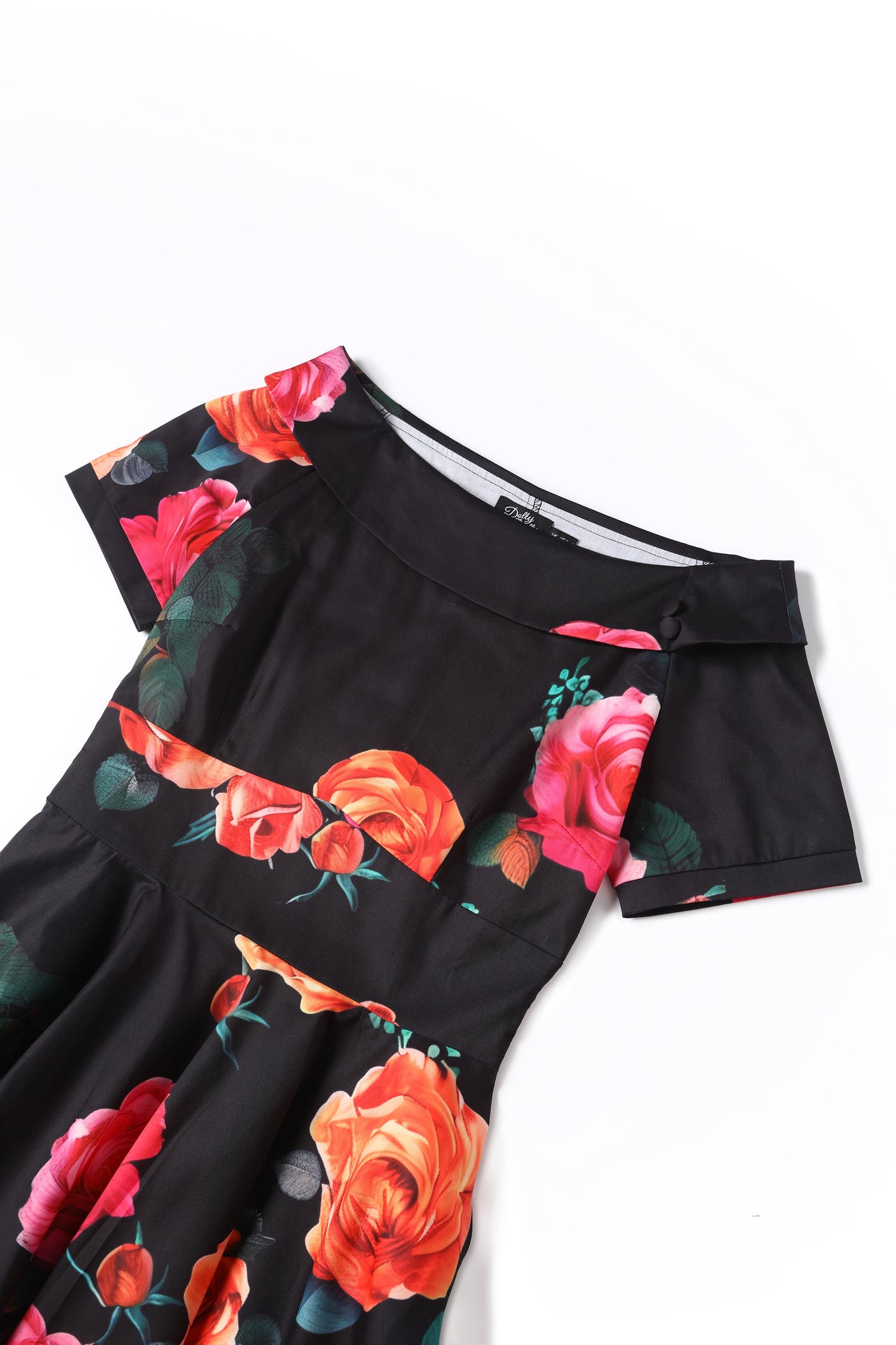 PRE ORDER Darlene Black Vintage-Inspired Orange/Red Rose Print Dress