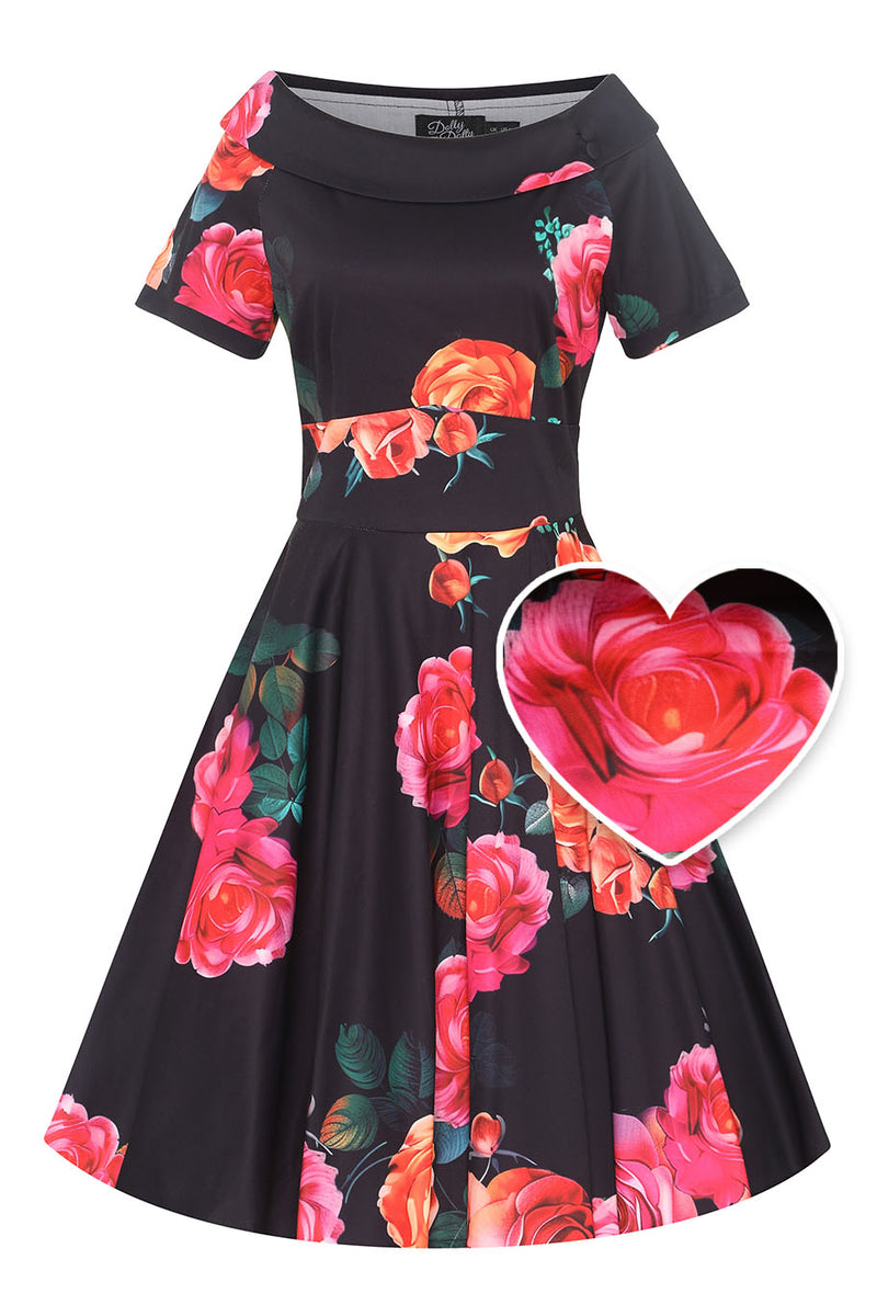 PRE ORDER Darlene Black Vintage-Inspired Orange/Red Rose Print Dress