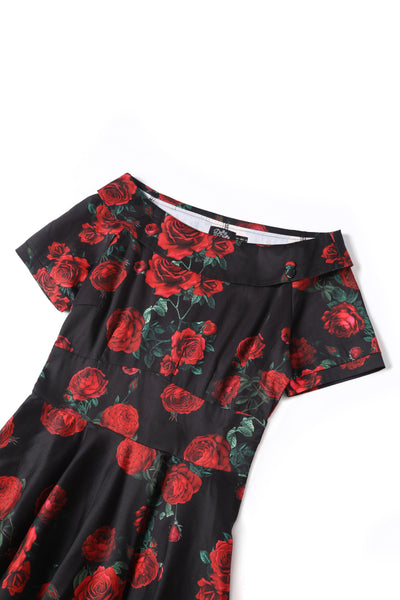 PRE ORDER Darlene Black Vintage-Inspired Red Rose Print Dress