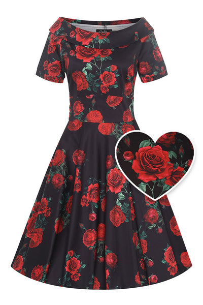 PRE ORDER Darlene Black Vintage-Inspired Red Rose Print Dress