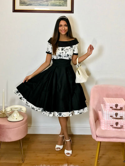 Darlene Black Rockabilly White Rose Print Swing Dress