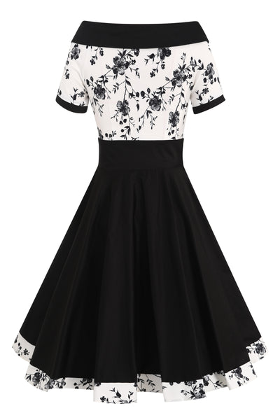 Darlene Black Rockabilly White Rose Print Swing Dress