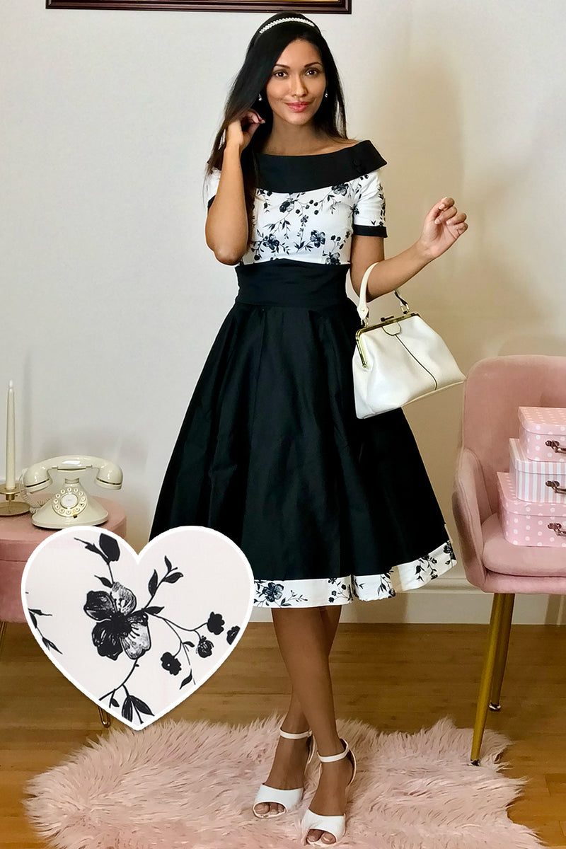 Darlene Black Rockabilly White Rose Print Swing Dress