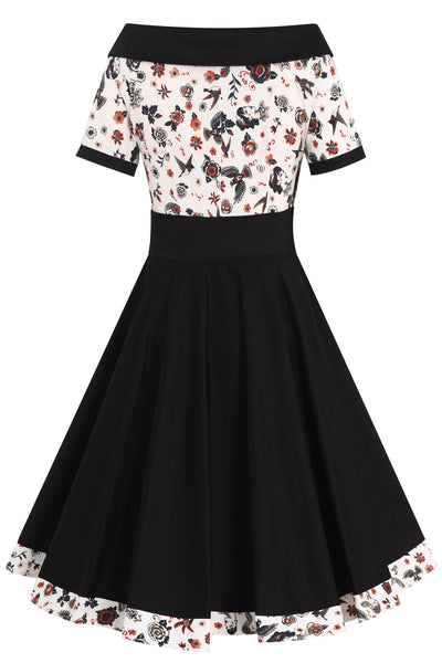 Darlene Black Rockabilly Tattoo Print Swing Dress