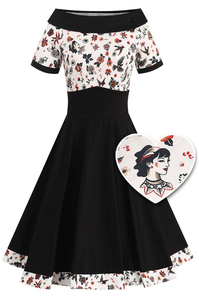 Darlene Black Rockabilly Tattoo Print Swing Dress