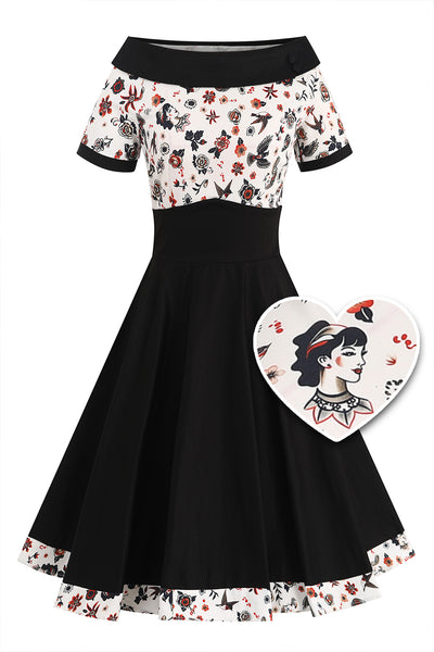 PRE ORDER Darlene 50's Style Black & White Women Print Swing Dress