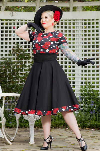 Darlene Retro Swing Dress in Black/Red Rose & Polka Dot Print