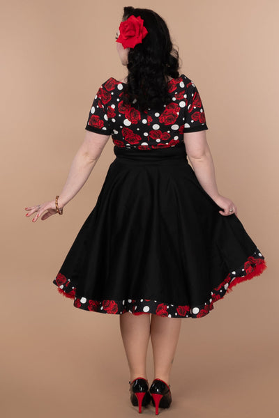 Darlene Retro Swing Dress in Black/Red Rose & Polka Dot Print