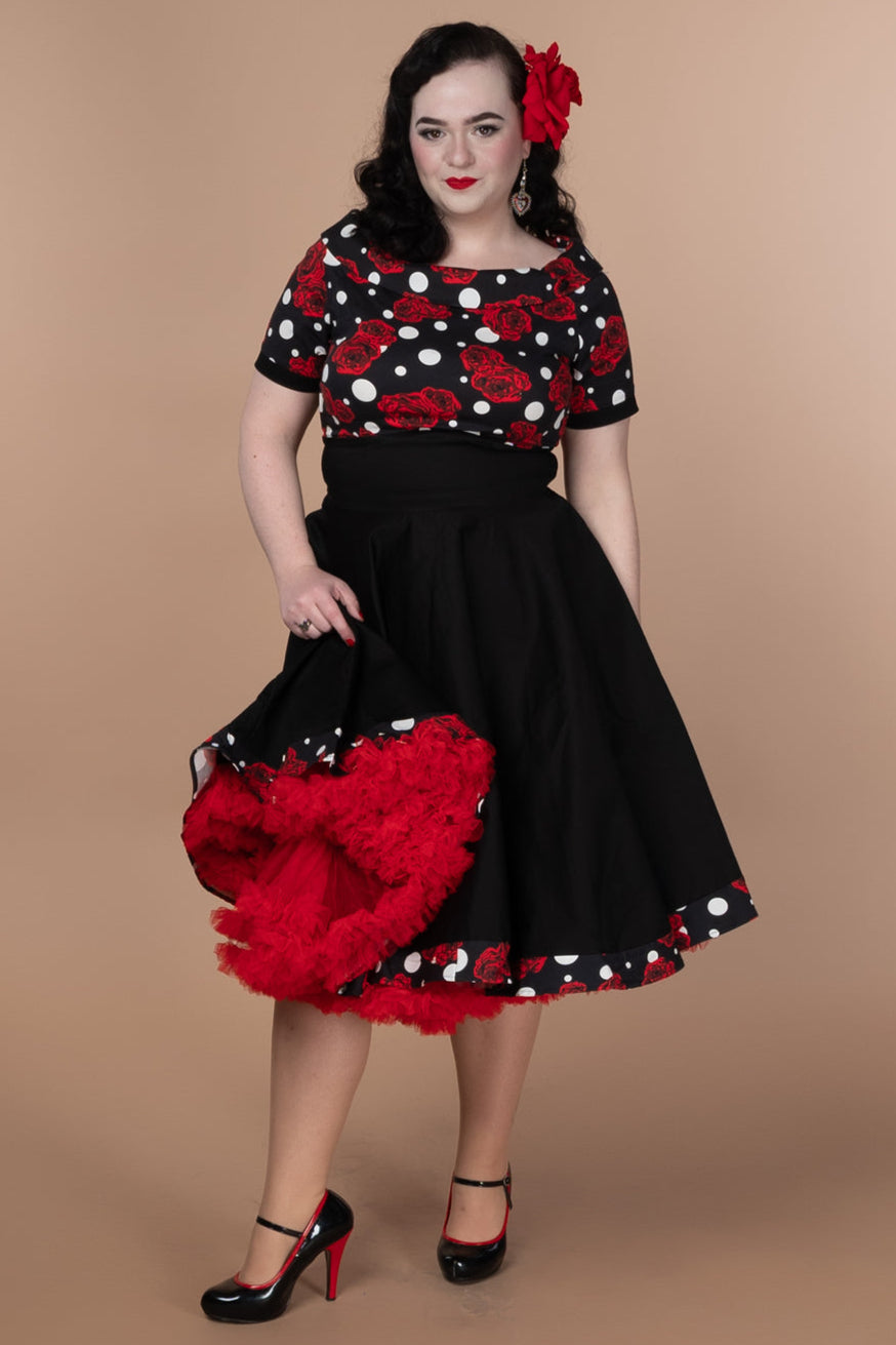 Darlene Retro Swing Dress in Black/Red Rose & Polka Dot Print