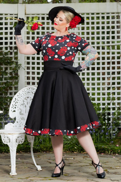 Darlene Retro Swing Dress in Black/Red Rose & Polka Dot Print