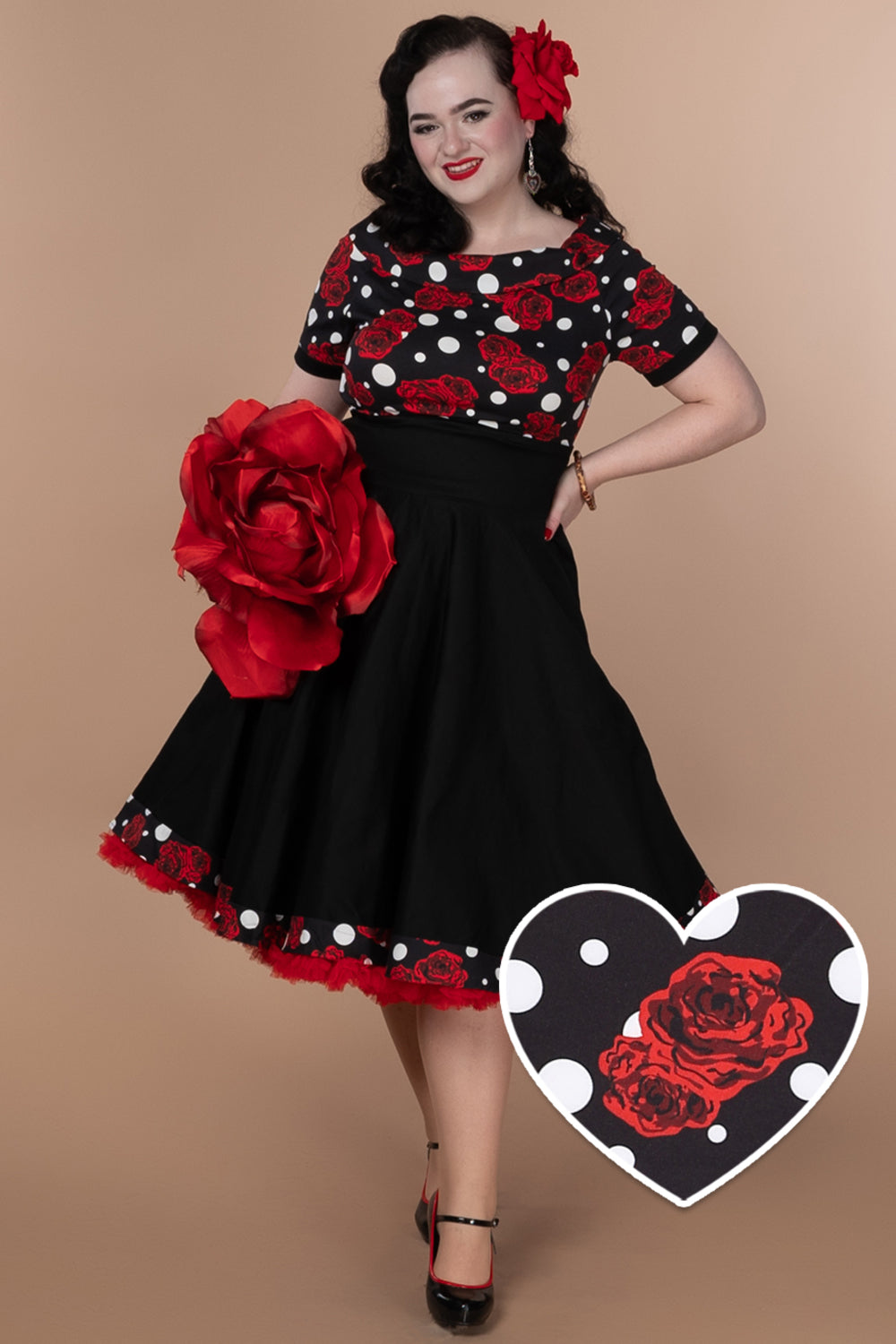 Darlene Retro Swing Dress in Black/Red Rose & Polka Dot Print