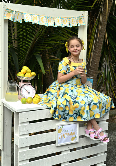 EU STOCK Children Darlene 50's Inspired Swing Dress in Blue Lemon