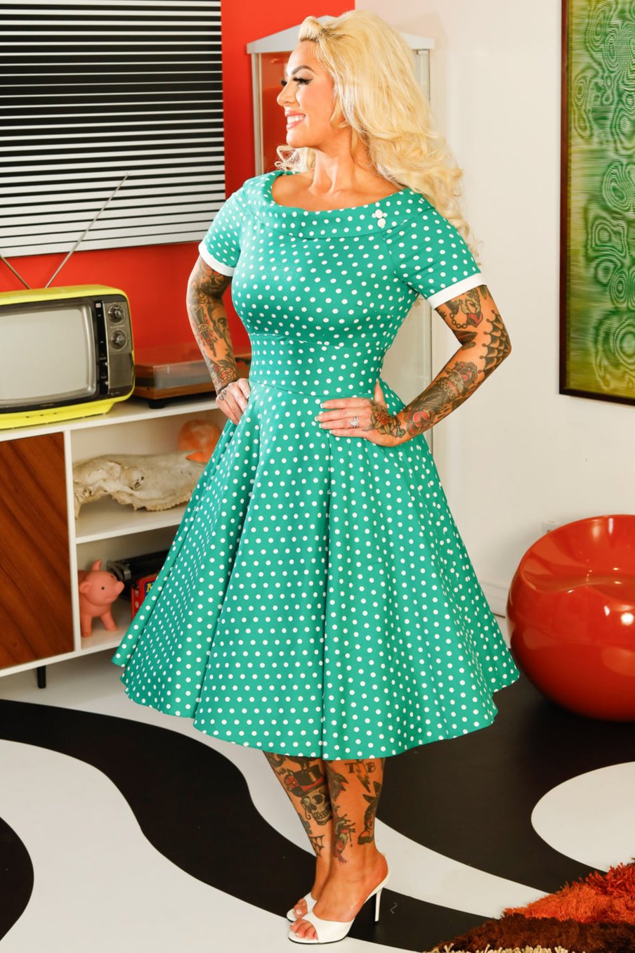 EU STOCK Darlene Full Circle Green Polka Dot Swing Dress