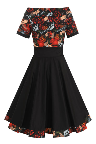 PRE ORDER Darlene Black Rockabilly Heart & Roses Retro Print Swing Dress