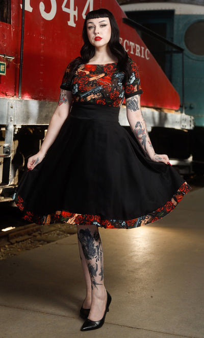 PRE ORDER Darlene Black Rockabilly Heart & Roses Retro Print Swing Dress