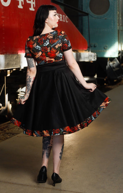 PRE ORDER Darlene Black Rockabilly Heart & Roses Retro Print Swing Dress