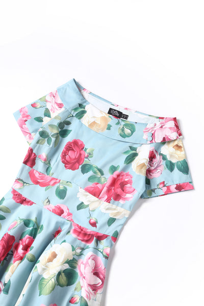 Darlene Powder Blue Vintage-Inspired Peony Print Swing Dress