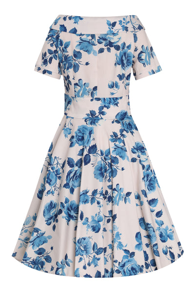 PRE ORDER Darlene White Vintage-Inspired Blue Rose Print Dress