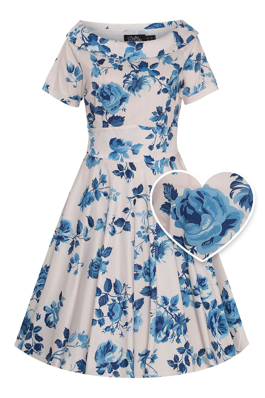 PRE ORDER Darlene White Vintage-Inspired Blue Rose Print Dress