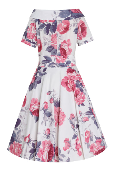 EU STOCK Darlene White Vintage-Inspired Pink Rose Print Dress