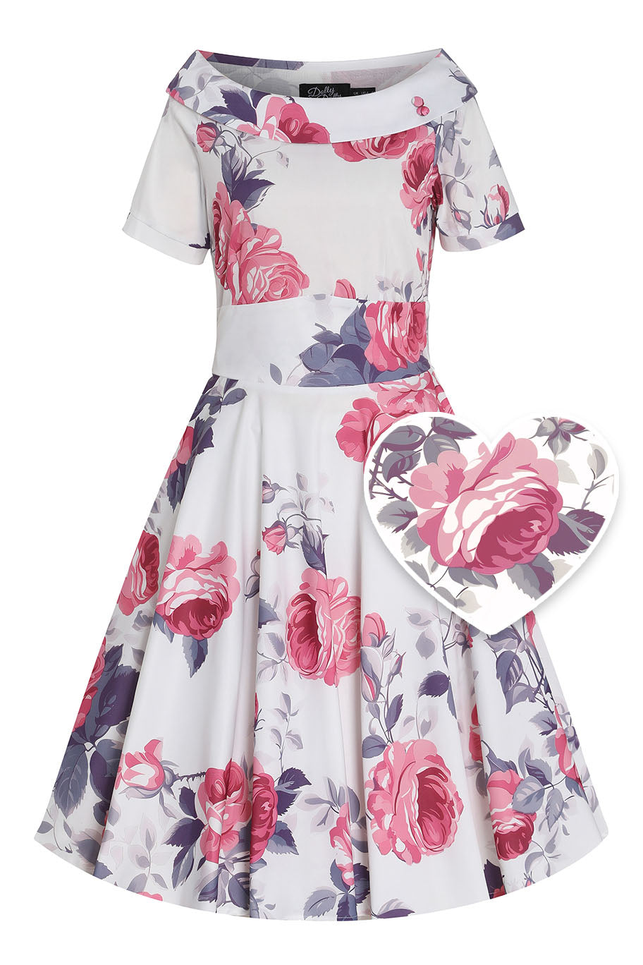 EU STOCK Darlene White Vintage-Inspired Pink Rose Print Dress