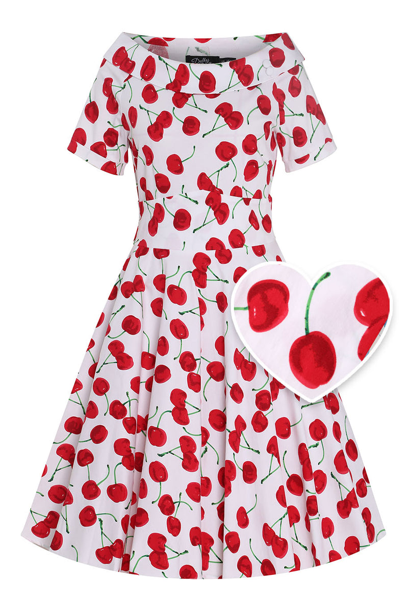 EU STOCK Darlene White Vintage-Inspired Cherry Print Dress