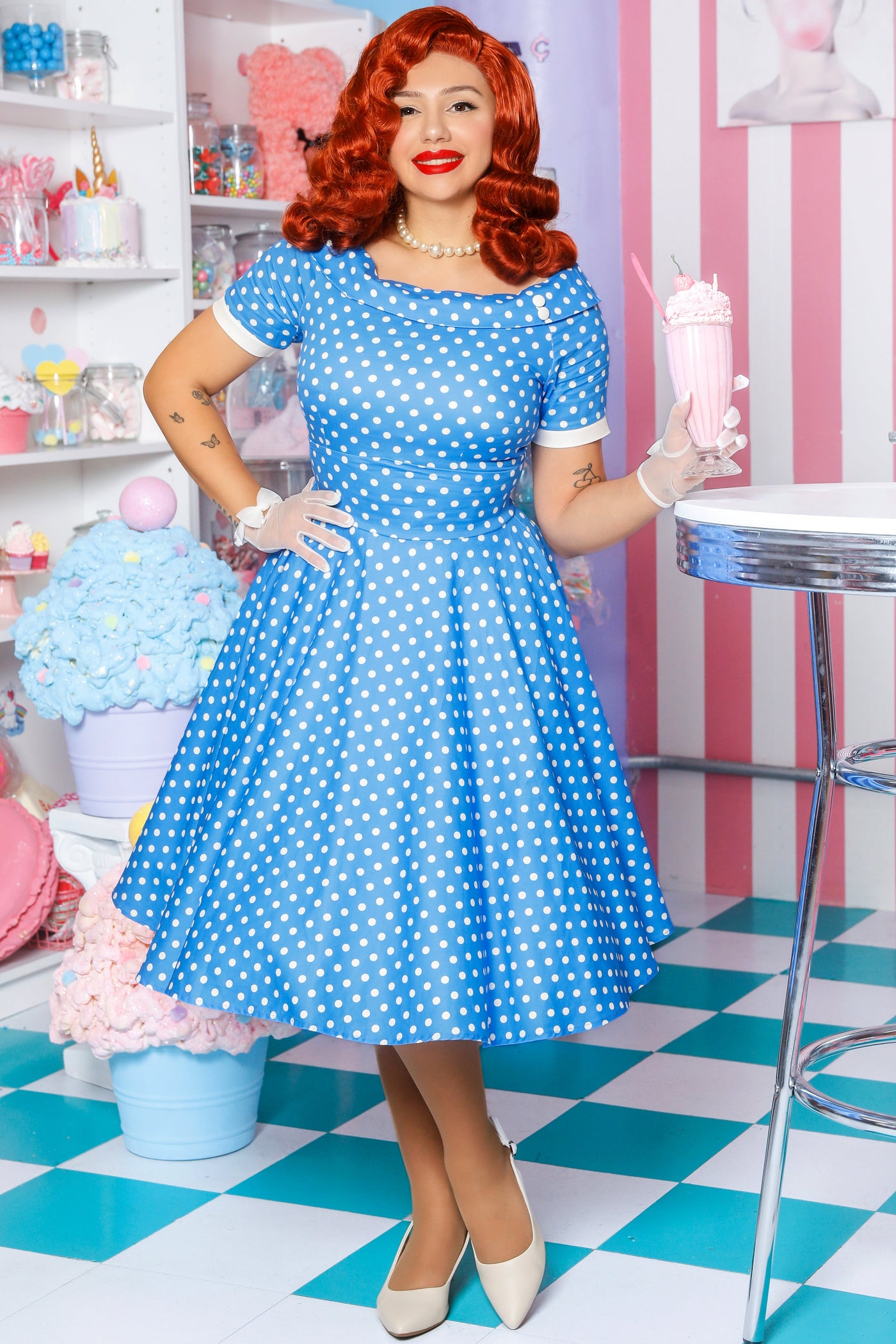 EU STOCK Darlene Light Blue 50's White Polka Dot Print Swing Dress