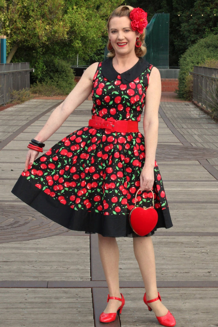 EU STOCK Hazel Vintage Style Swing Dress in Black Cherry Print