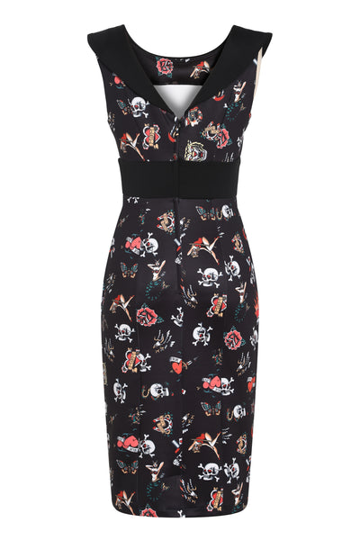 Darla Fitted Off-Shoulder Black Old School Tattoo Print Dress