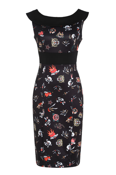 Darla Fitted Off-Shoulder Black Old School Tattoo Print Dress