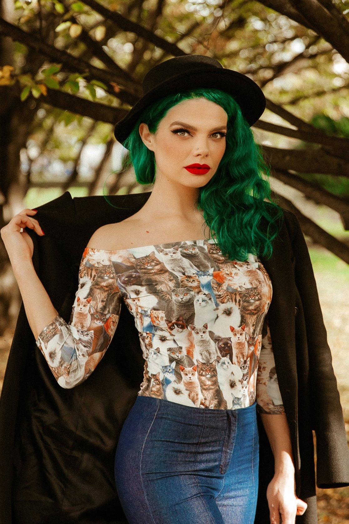 PRE-ORDER Gloria Bardot Rockabilly Top in Cat Print